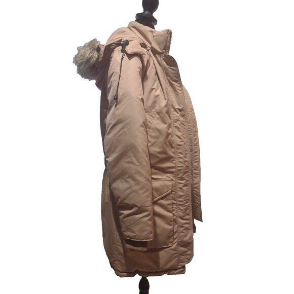 Snozu Down Feather Hooded Puffer Jacket Ski Coat Faux Fur Womens Sz S Tan Brown - Picture 2 of 16